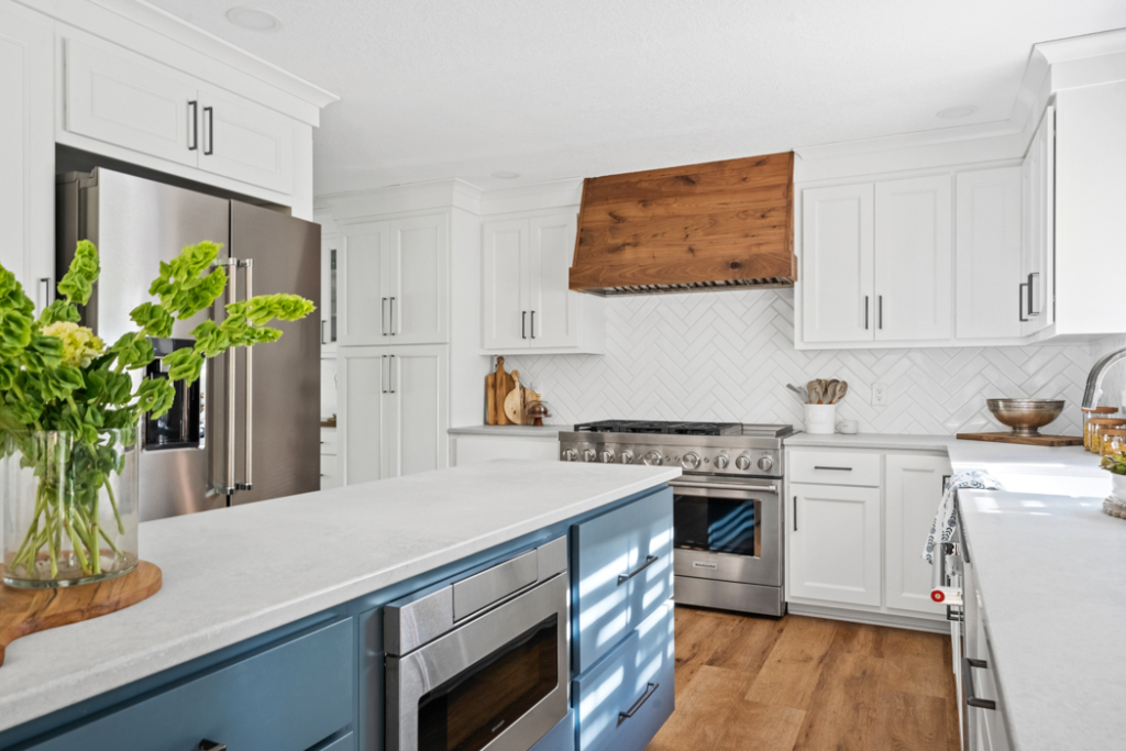An example of kitchen remodeling- Modern Farmhouse Kitchen With Blue Island